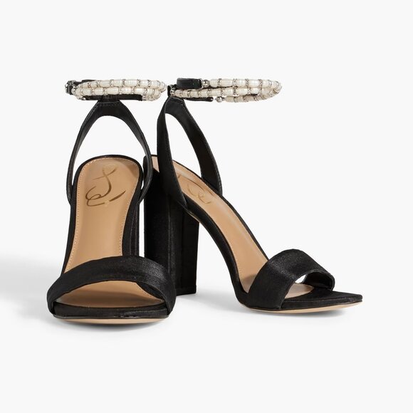 SAM EDELMAN Yanelli Pearl Embellished Satin Sandals in Black Satin Size US 5.5 - Picture 4 of 8